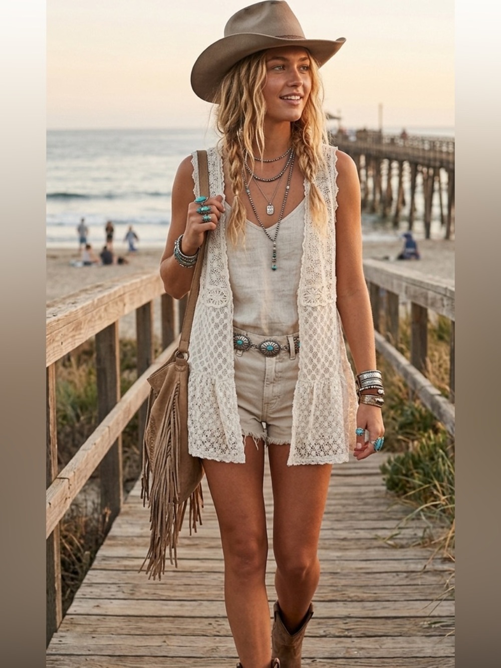 Solitaire White Lace Bohemian Womens Sz L WESTERN BEACH CRUISE SUMMER HIPPIE